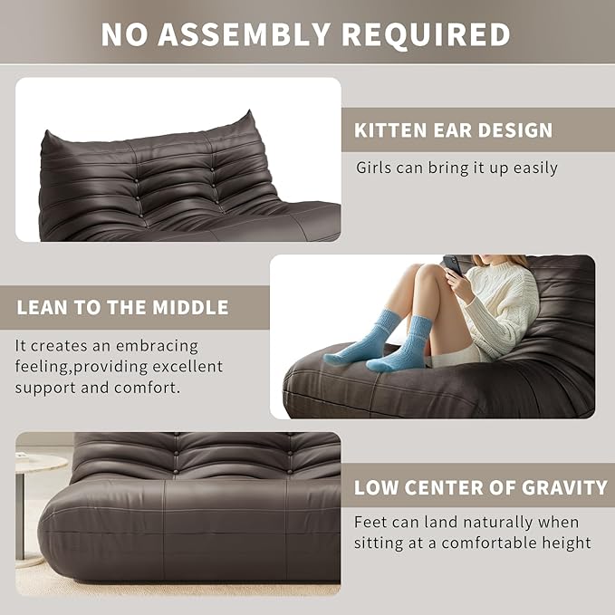 Foam Bean Bag Chairs for Adults,Big Faux Leather Bean Bag Sofa,Floor Lazy Couch for Living Room Bedroom Dorm Office