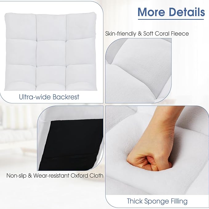 Floor Chair with Back Support, Foldling Gaming Sofa Chair with Comfy Cushion, Adjustable 14-Position Meditation Chairs, Lazy Lounge Recliner Reading Seat for Adults, Kids (White)