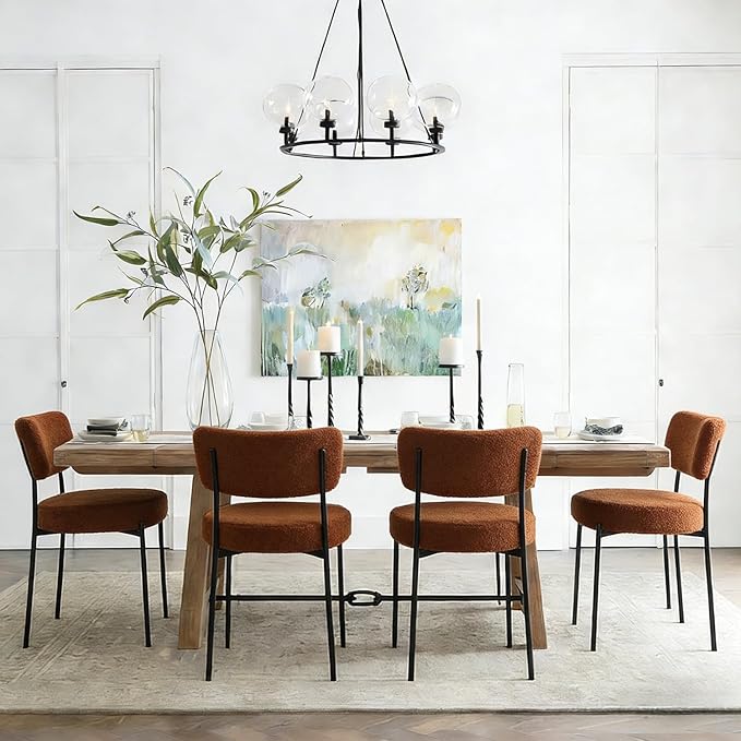 Stabrech Brown Boucle Dining Chairs Set of 2, Upholstered Dinner Chair with Metal Frame, Dining Room Chairs with Padded Seat, Round Modern Seating for Living Room