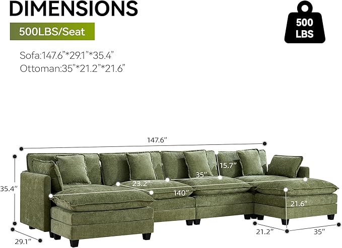 UMBFUN 4-Seater Cloud Couch with 2 Ottomans, Extra-Large Modular Sectional U Shaped Sofa with Deep Seat Cushions, Chenille Couch for Living Room, Green
