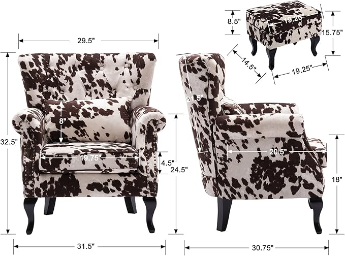 DM Furniture Mid Century Accent Chair with Ottoman Modern Button Tufted Armchair Wingback Club Chair Velvet Single Sofa Lounge Chair with Pillow for Living Room Bedroom, Cowhide Print