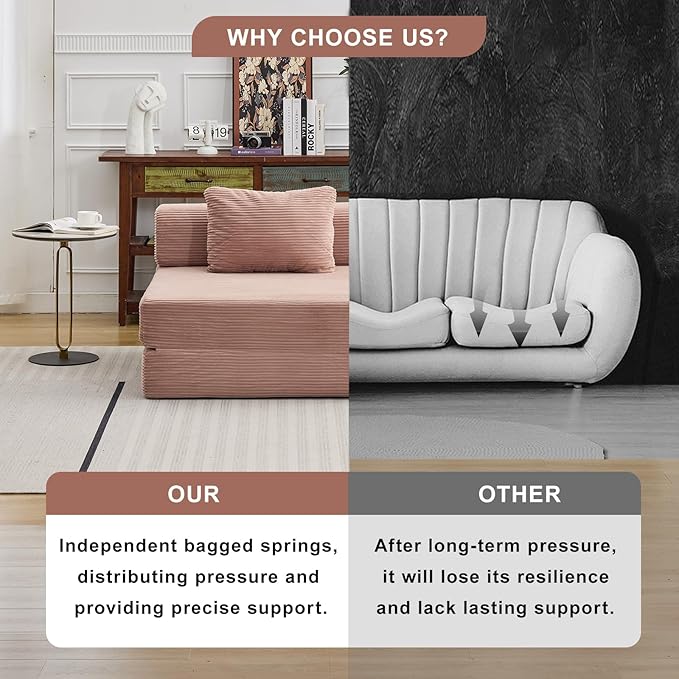 Folding Sofa Bed, Convertible Sleeper Chair with Pillow, Single Sofa with Back Support, Portable Fold Out Chair Cloud Couch Bed, Comfy Floor Sofa Lounge for Living Room Bedroom, Pink