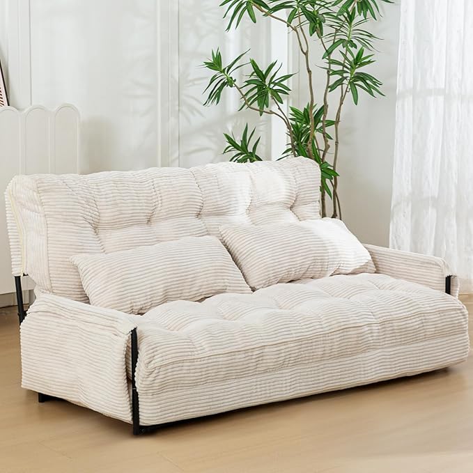 MAXYOYO Adjustable Floor Sofa Couch with 2 Pillows, Multi-Functional Bean Bag Bed, 5-Position Foldable Lazy Sofa Sleeper Bed with Armrest Versatile Floor Seating for Reading Gaming, Beige, Double