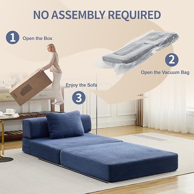Folding Sofa Bed, Convertible Sleeper Chair with Pillow, Single Sofa with Back Support, Portable Fold Out Chair Cloud Couch Bed, Comfy Floor Sofa Lounge for Living Room Bedroom, Navy Blue