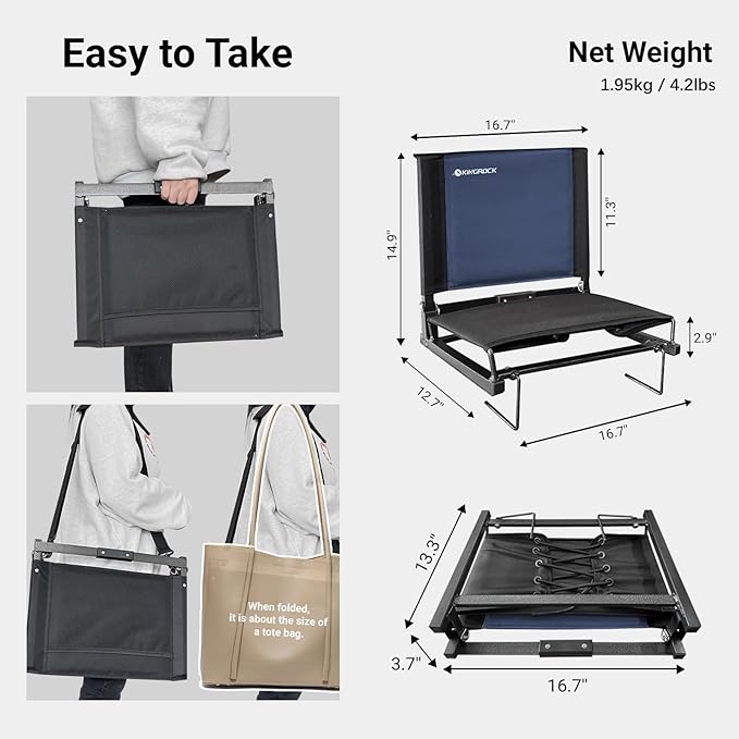 KINGROCK Stadium Chair for Bleachers with Back Support Portable Folding Bleacher Seat Cushion Padded Backrest 2 Hooks Lightweight for Sports Games Concert