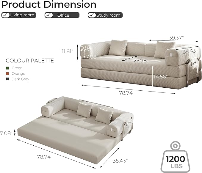 Carzzi-Life 79" Convertible Sofa Bed with Pillows, Corduroy Folding Sleeper Sofa with Fixed-Shape Frame, Boneless Couch for Living Room Bedroom, Floor Sofa Lounge No Assembly Required (Beige)