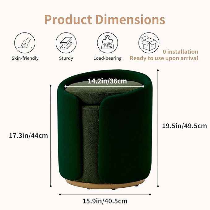 Vanity Chair with Storage, Round Velvet Vanity Stool No Wheels, Swivel Ottoman Chair with Upholstered for Women, Makeup Chair Accent Stool for Living Room, Bedroom, Gold Base, Green