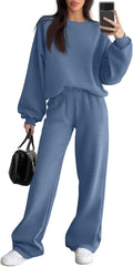 Sweetyweee Women's 2 Piece Outfits Set Fleece Lined Lounge Sweatsuit Crewneck Pullover Top Wide Leg Pants Casual Tracksuit