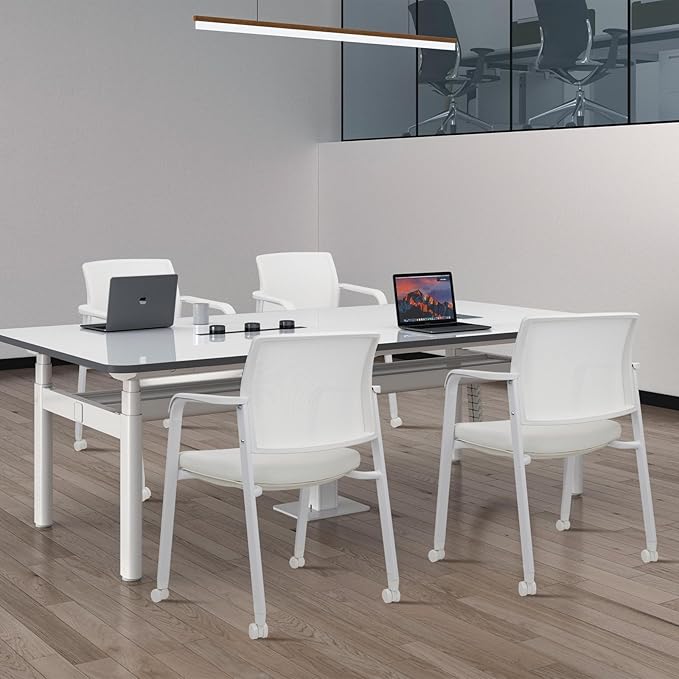 CLATINA Rolling Conference Chairs, 8 Pack Stackable with Wheels and Paddle, Ergonomic Mesh Back and Arms for Meeting, Conference, Training Room & Home Office (White)