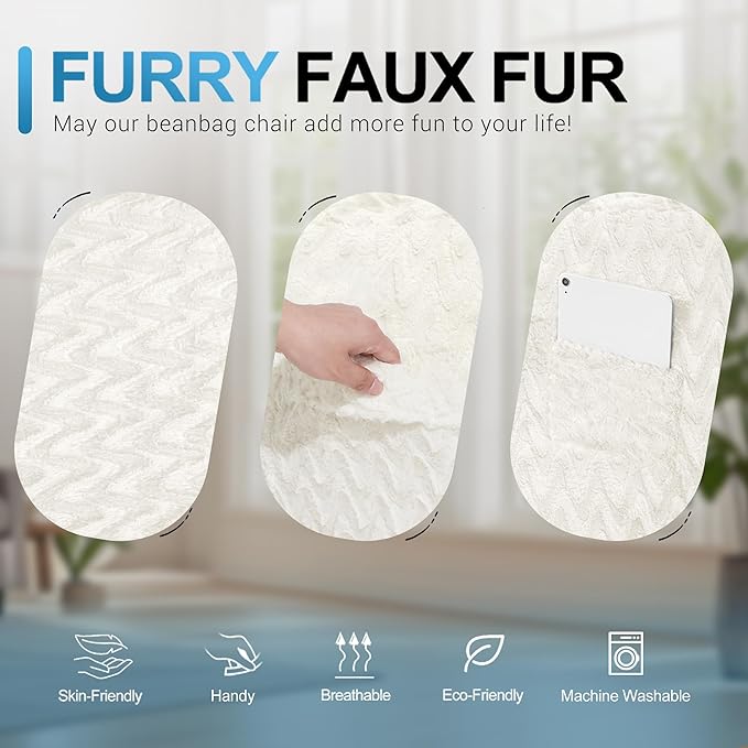 HABUTWAY 4FT Bean Bag Chair,Giant Bean Bag Chairs for Adults,Big Bean Bags with Memory Foam Filled, Large Beanbag Chairs with Chevron Plush Cover-White