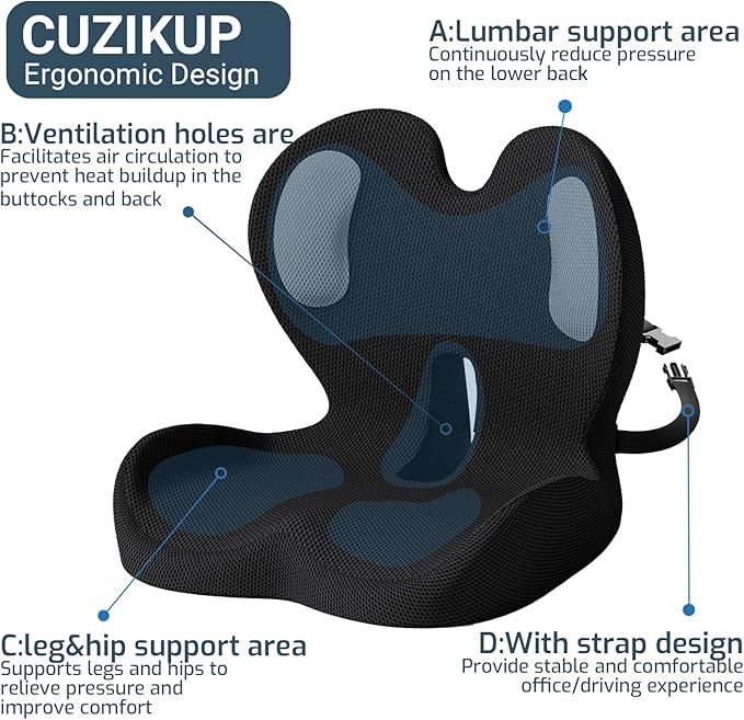 Office Chair Cushions with Lumbar Support Pillow, Soothe Back and Seat Cushion Memory Foam, Non Slip Adjustable Strap for Lower Back Pain Sciatica Relief Office Workers Car Drivers (Black+Mesh Cloth)