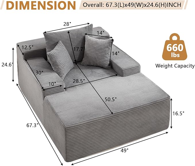 67.3'' Oversized Chaise Lounge Chair Indoor,Corduroy Boneless Couch with 3 Pillows Wide Armrest,Comfy Cloud Couch Sleeper Sofa Reading Chairs for Living Room Bedroom,No Assembly Required (Grey)