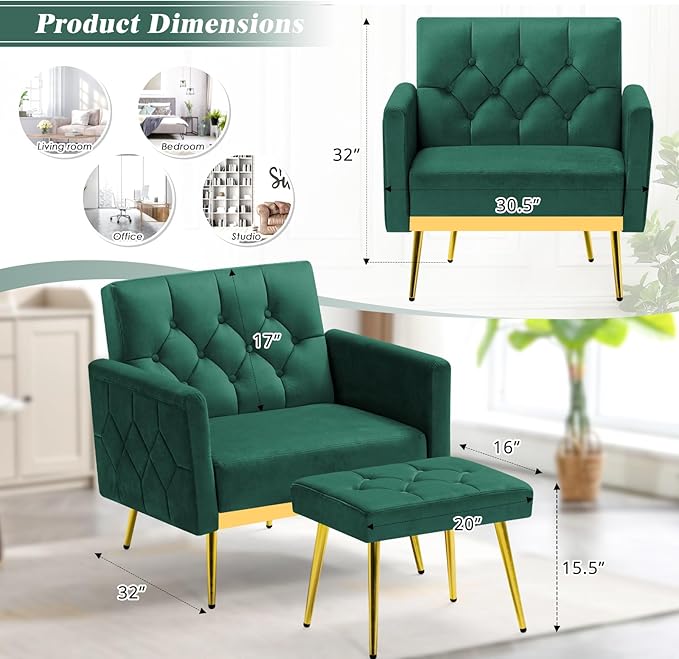 ACMEASE Velvet Accent Chair w/Adjustable Armrests and Backrests, Tufted Single Armchair w/Ottoman, Upholstered Reading Chiar for Living Room, Apartment, Bedroom, Green