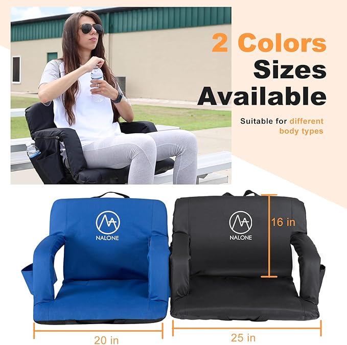 nalone Folding Stadium Seat Set of 2, 25 inch Extra Wide Stadium Chairs for Bleachers Stadium Seat Bleacher Chairs Portable with Back Supports Thick Padded Cushion Armrests Reclining (Black)