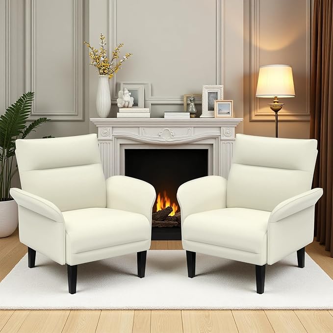 Modern Faux Leather Accent Sofa, Symmetrical Shawl Armchair with Wide Armrests & Wooden Legs, Beige Sofa Chair for Living Room, Apartment, Office