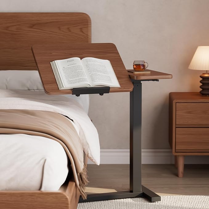 Solid Wood Overbed Bedside Table with Wheels, Tilting Adjustable Hospital Bed Table Over The Bed, Medical Mobile Laptop Stand, Rolling Standing Desk for Hospital and Home Use（Walnut）