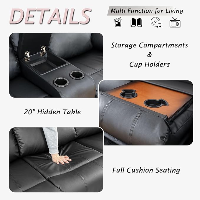 Caberryne Leather Recliner Sofa Set，Leather Reclining Couch for Living Room Furniture Sets，Black Recliner Couch with 5 Recliners for Living Room/Office/Theater Seating(Sofa Set 3 Pieces)