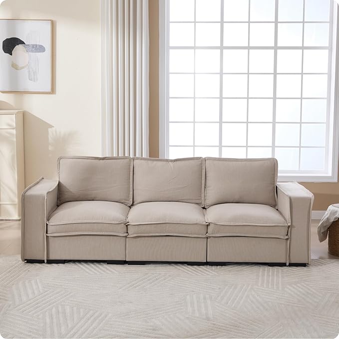 HEAY-YO 93 Inches Modern Modular Sectional Sofa,3-Seater Comfy Couch with High Density Foam and Armrests,Floor Sofa for Living Room Bedroom Apartment,Linen Sand