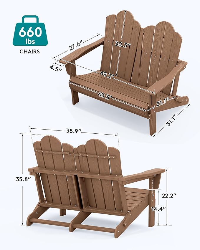 SERWALL 3 Pieces Patio Adirondack Bench Set, 2 Folding Adirondack Bench and 1 Coffee Table Set for Front Porch Garden Balcony Backyard, Brown