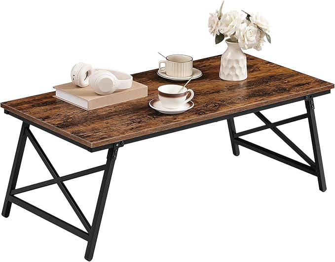 CHOEZON 41.3" Folding Coffee Table with Safety Buckles, Low Coffee Table, Portable Floor Table, for Sitting on The Floor, for Living Room, Bedroom, Balcony, Caravan, Rustic Brown and Black TKF01BF