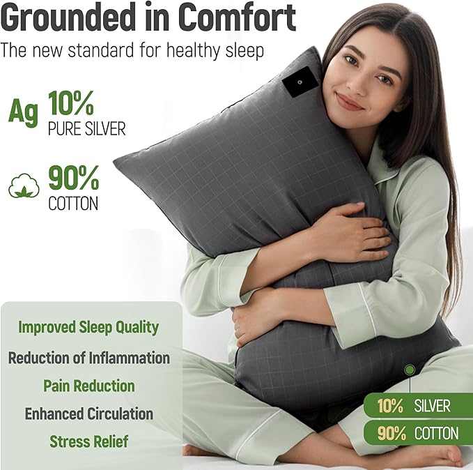 Groundingtop Grounding Pillow Case King Conductive Grounding Pillowcase 10% Silver Fiber 90% Cotton Grounding Sheet for Better Sleep Pain Relief Improve Energy (20X36in) Black 1PC
