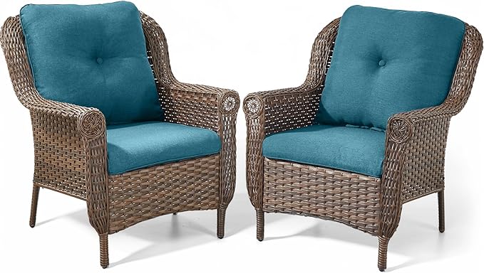 ACTREST Patio Wicker Chairs Outdoor Furniture Chair - Set of 2 Outside All Weather Lawn Dining Brown Rattan Armchair with High Back&Deep Seating for Deck Porch Balcony Backyard Garden - Peacock Blue