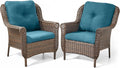 ACTREST Patio Wicker Chairs Outdoor Furniture Chair - Set of 2 Outside All Weather Lawn Dining Brown Rattan Armchair with High Back&Deep Seating for Deck Porch Balcony Backyard Garden - Peacock Blue