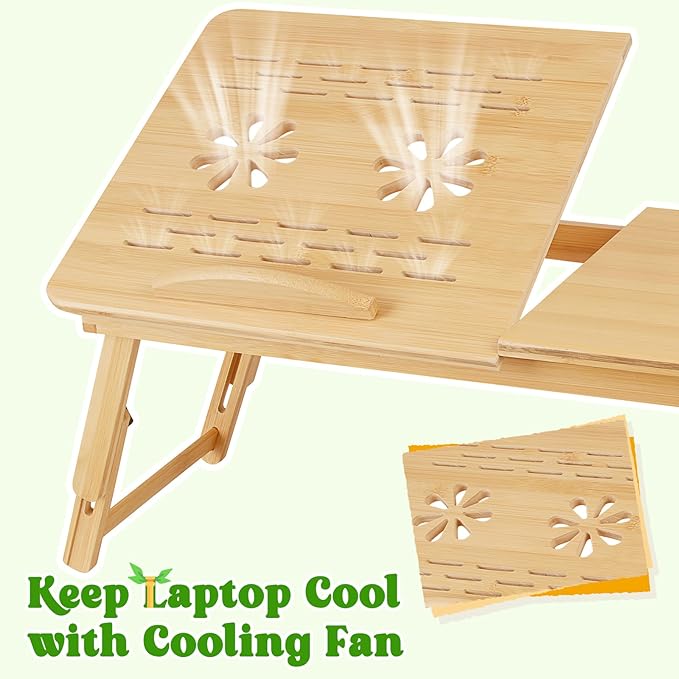 Bamboo Laptop Desk, Adjustable Foldable Bed Tray Table for Bed, Sofa, and Floor, Portable Lap Desk with Tilting Top & Drawer for Writing, Reading, Breakfast, Drawing, and Working