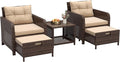 LHBcraft 5 Pieces Patio Set, PE Rattan Patio Conversation Set with Soft Cushions & Coffee Table, Outdoor Chairs with Hidden Ottoman for Porch, Lawn, Garden, Balcony, Brown