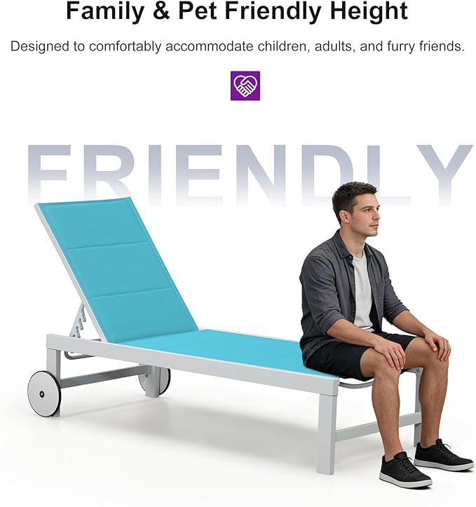 PURPLE LEAF Outdoor Chaise Lounge Set Elderly-Friendly Straight Legs Adjustable Sunbathing Recliner with Side Table for Back Support Poolside Beach Patio Lounge Chairs Blue 2 Sets
