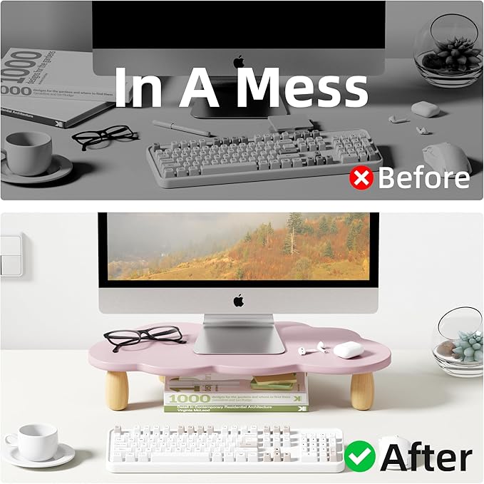 AFOOYO Monitor Stand Riser,Cloud Shape Wood Computer Monitor Stand, Monitor Stand Riser, Multi-Purpose Desktop Organizer Riser for Computer,Laptop,Printer,TV,Purple, Black