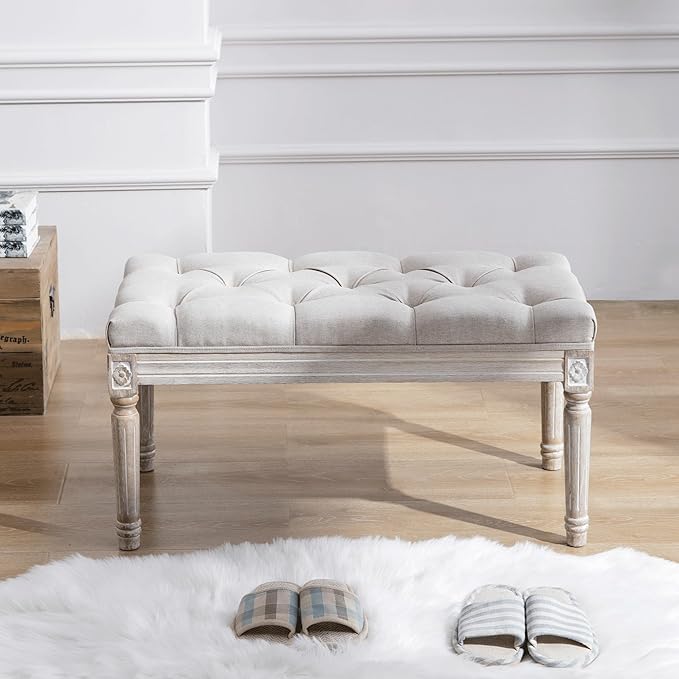 DM Furniture Upholstered Fabric Entryway Bench, Tufted Piano Bench for 2 People, Rubber Wood Legs with Beautiful Carved Pattern for Bedroom/Living Room/Dining Room (Beige)