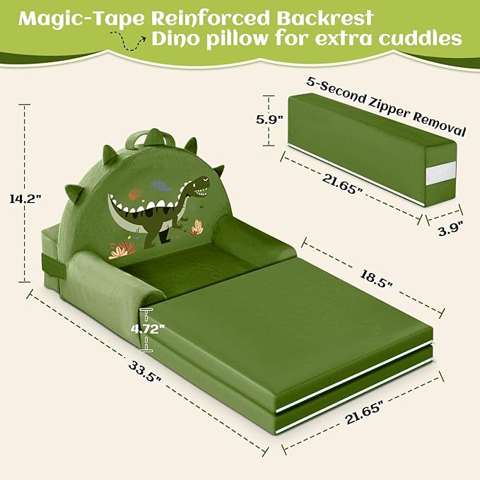 ORWIPO Dinosaur Kids Sofa Bed with Removable Washable Cover & Hook and Loop Backrest – Foldable Toddler Chair, Cozy Crystal Velvet Furniture for Playtime, Naps & Travel (Dark Green, Dino Design)