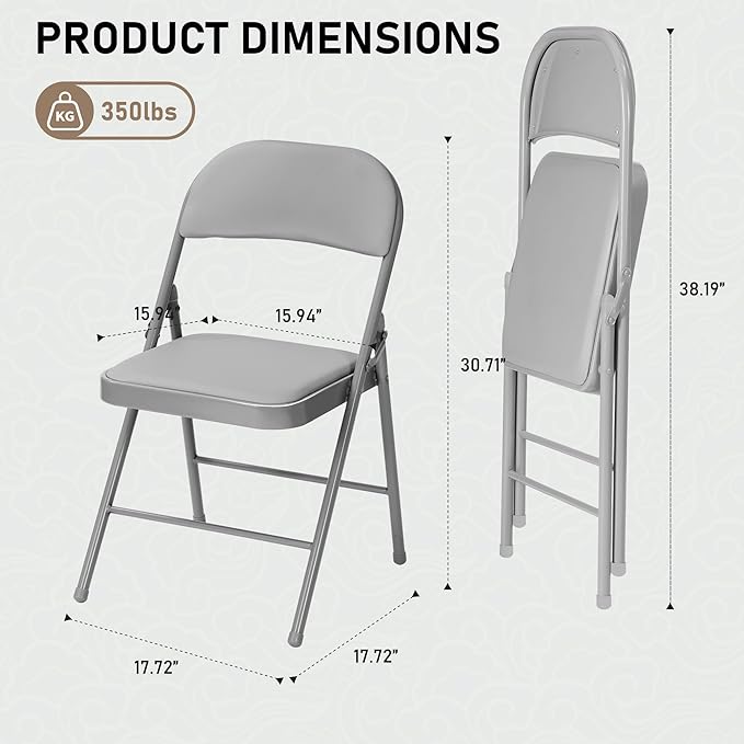 SEALAMB 6 Pack Grey Folding Chairs with Padded Seats & Cushion, Durable Metal Foldable Chairs for Wedding Party, Commercial Chairs for Office School Church Events, 330lb Capacity (Grey-PU, 6 Pack)