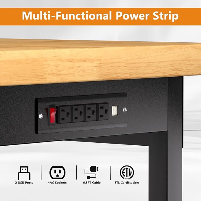 60" Heavy-Duty Solid Wood Work Bench with Wheels, Adjustable Height Workbench with Power Outlets, 2000 LBS Capacity Work Table for Garage, Workshop(60" X 24")