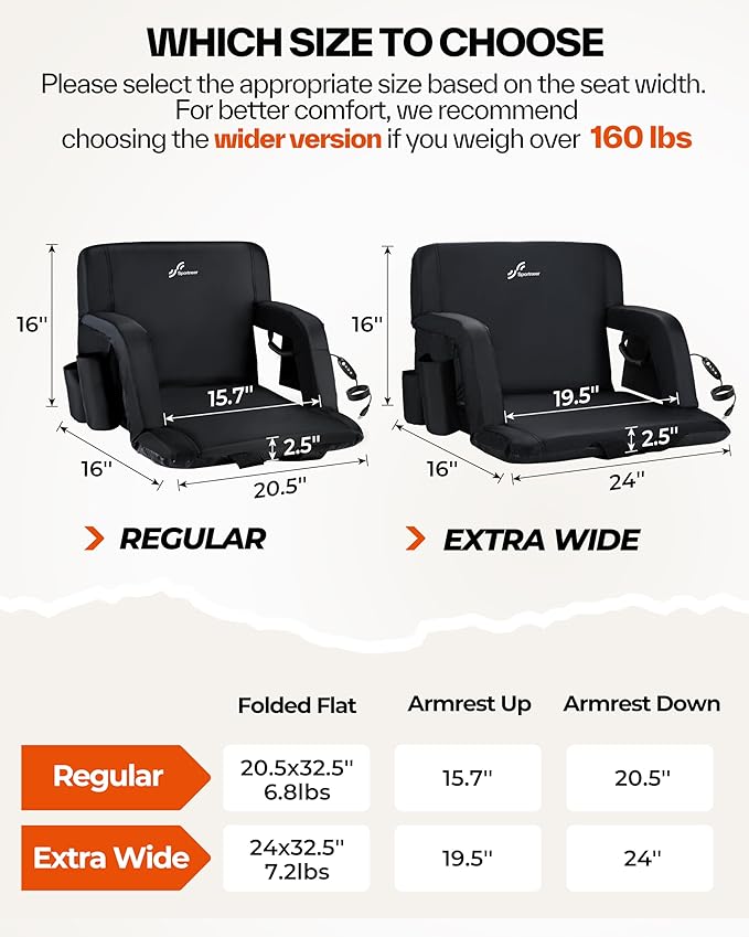 Sportneer Heated Stadium Seats with Back Support: 6 Adjustable Angles Extra Wide Bleacher Seat with Dual Heating Zones - 2.5" Padded Stadium Seats for Sports Outdoors(Power Bank Not Included)
