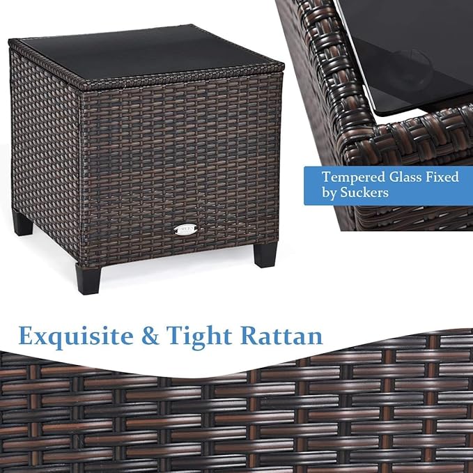 RELAX4LIFE 3 Piece Patio Furniture Set, Wicker Bistro Conversation Set w/ 2 Cushioned Armchairs & Glass Topped Table, Outdoor Rattan Sofa for Porch Balcony Poolside (Turquoise)