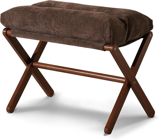 Folding Foot Stool, Small Accent Ottoman with Thick Cotton Cushion & Bamboo X Legs, Modern Padded Sofa Stool for Makeup Bedroom Living Room (Brown)