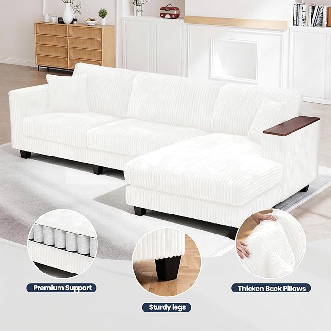 FurniMix 4-Seat Corduroy Sectional Sofa with Swappable Chaise, Soft Upholstery, Wide Seats & Armrest Storage,White