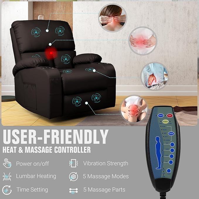 LAFWELL Rocking Recliner Chair, Massage Rocker Recliner Chair with Vibration Massage and Heat, USB and Type-C Ports,360° Swivel Faux Leather Chairs, Living Room, Bedroom, Nursery, RV, Brown