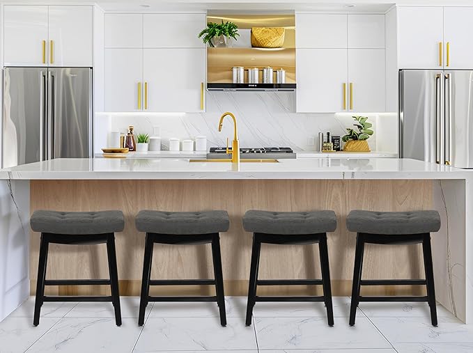 RNKSFX Counter Height Bar Stools Set of 4 for Kitchen Counter Farmhouse Modern Barstools with Faux Leather Upholstered Backless Seat and Solid Wood Legs 24 inch Bar Chairs, Grey + Black