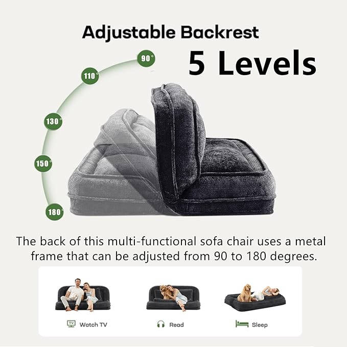 Foldable Lazy Sofa Bed, Chenille Upholstered Human Dog Bed for Adults, 2 in 1 Convertible Floor Sofa with 5 Adjustable Backrest Positions and Soft Cushions for Living Room (Black)