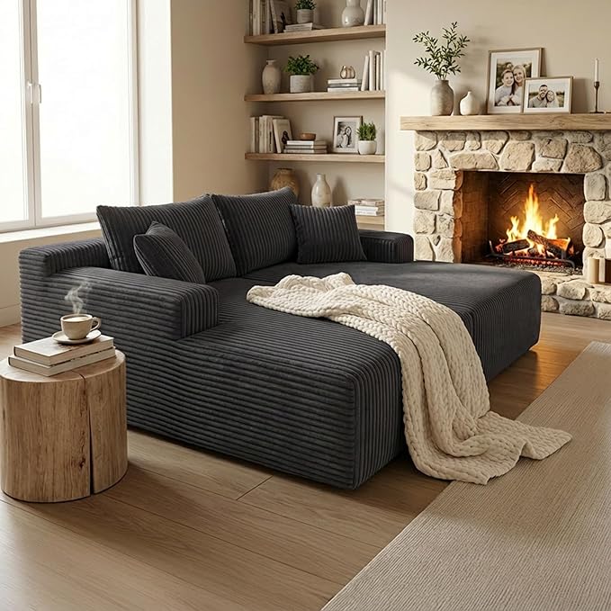Sytopia Loveseat Chaise Lounge with Armrests, Oversized Sofa Bed with 4 Pillows, Cozy Boneless Sleeper, Modular Sectional Couch for Living Room Bedroom, Floor Chair Furniture sala Corduroy