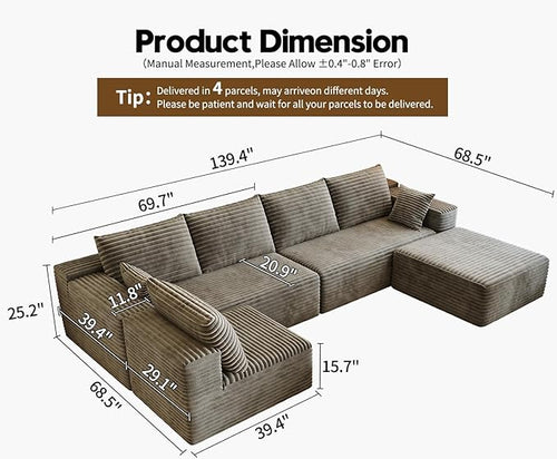 139.4" Modular Sectional Sofa, U-Shaped Minimalist Couches with Ottoman and Middle Seat, Modern Deep Seat Convertible Sleeper Sofa Bed, Reversible Chaise, Cloud Plush Corduroy Fabric,6 Seater, Camel