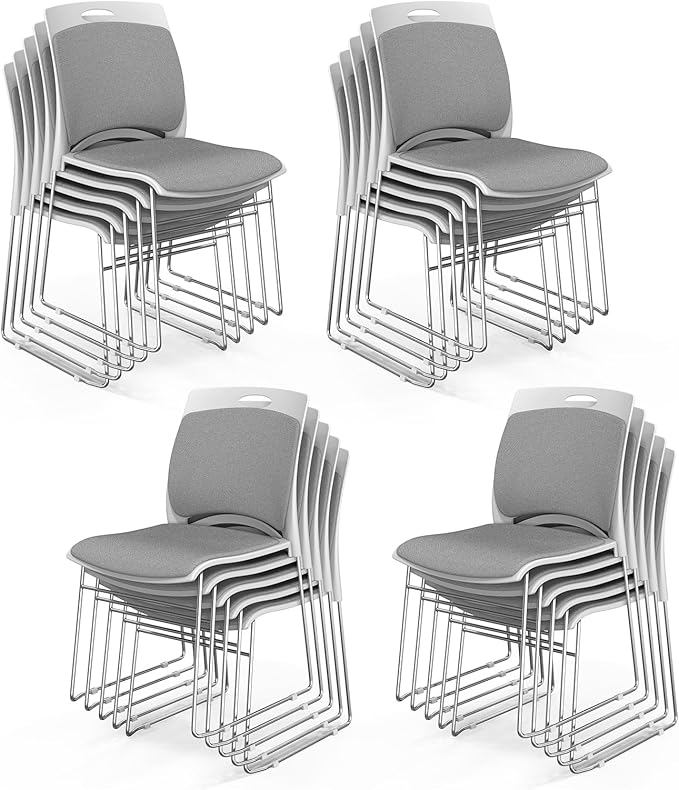 VINGLI Stackable Chairs Set of 20, Stacking Office Chairs with Metal Sled Base, Ergonomic Plastic Padded Seat & Back, Capacity 350lbs, Stacking Chairs for Waiting Room Break Room Banquet Guest, Gray