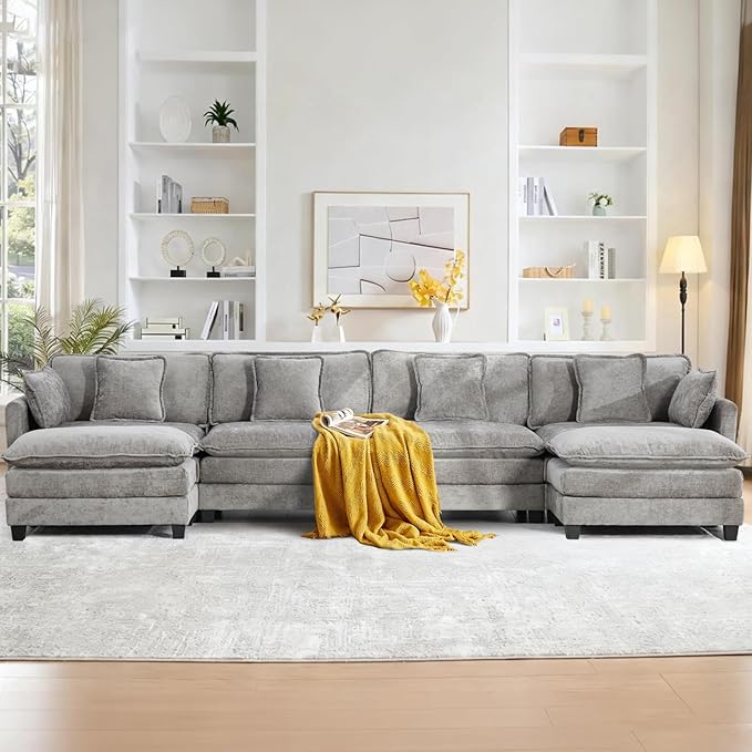 SoarFlash 149.61" Chenille Sectional Sofa, Comfy U Shaped Modular Coush Sofa with Ottoman, Modern 4 Seat Couch Deep Seat Sofa Set for Living Room,Grey