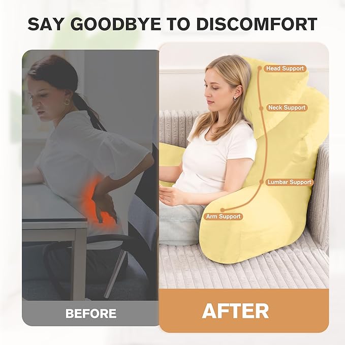 Unisakey Portable Reading Pillows with Headrest for Bed Sitting Up(Yellow Oeko-Tex), Velvet Back Pillow with Arms & Pockets for Adults, Support Memory Foam Bed Pillow for Dorm/Reading/Watching/Gaming