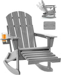Adjustable Adirondack Rocking Chair with Retractable Ottoman, 4-in-1 Multifunctional Folding Patio Chair with Cup Holder, Outdoor Chair Wood Texture for Lawn, Porch, Backyard, Pool(Grey)
