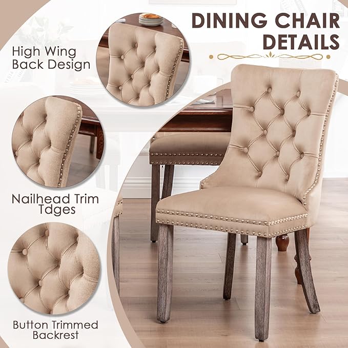 Kiztir Velvet Dining Chairs Set of 2, Upholstered Dining Chairs with Ring Pull Trim and Button Back, Luxury Tufted Dining Chair for Living Room, Bedroom, Kitchen (Khaki)