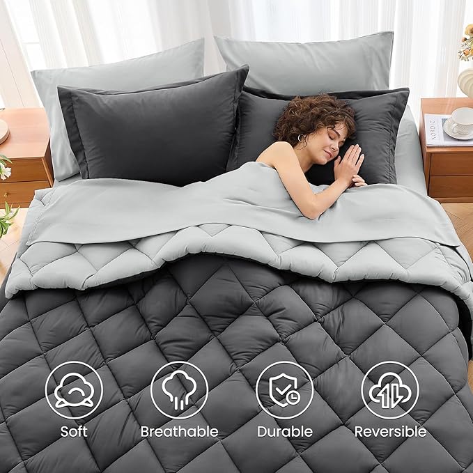 MUXHOMO 7 Pieces Queen Comforter Set, Reversible Bed in a Bag Queen Size, All Season Bedding Set with Comforter, Flat Sheet, Fitted Sheet, Pillowcases & Shams, Dark Grey & Light Grey